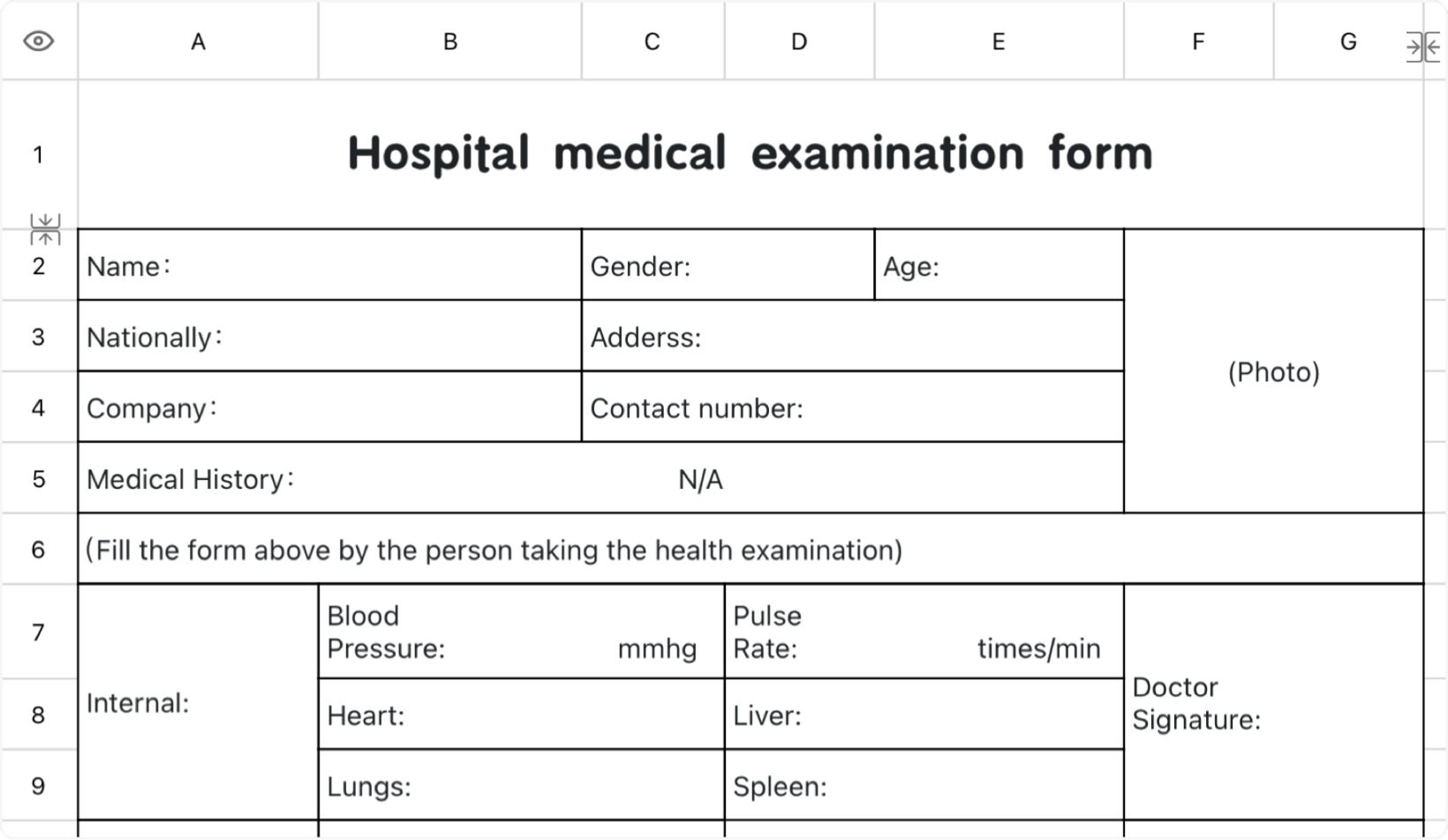 Hospital medical examination form